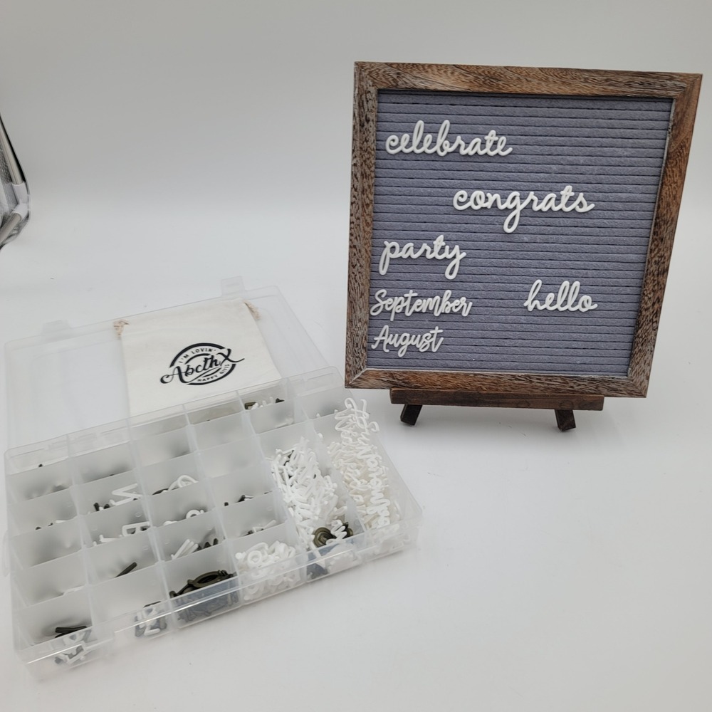Felt Letter Board 10x10 Wood Frame Grey with Cursive Words and Organizer Box